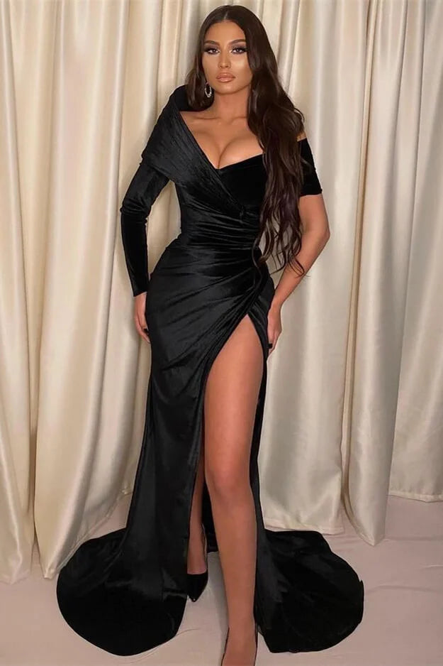 Glamorous Black Off-the-Shoulder Mermaid Evening Dress Split With Long Sleeves-BallBride