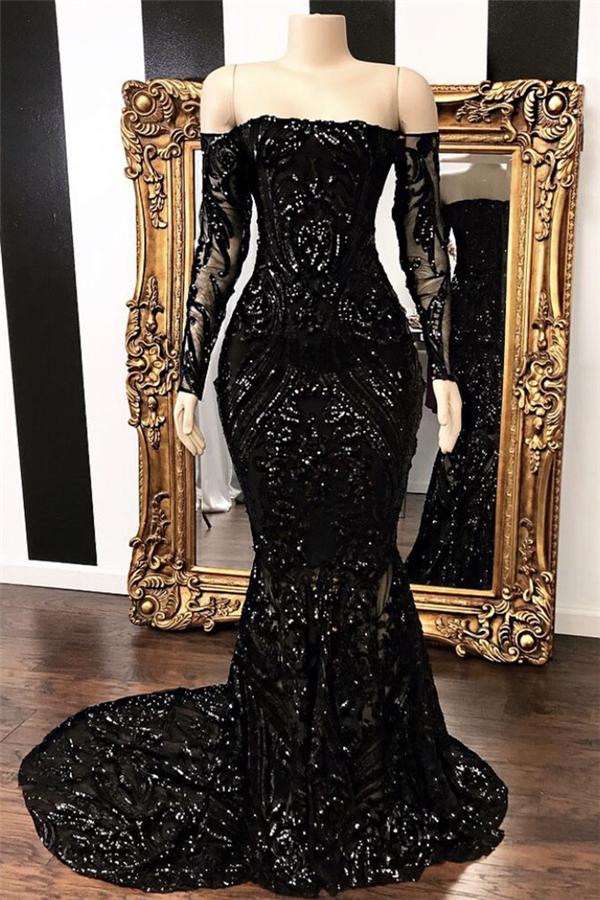 Glamorous Black Off-the-Shoulder Mermaid Prom Dress with Sequins-BallBride