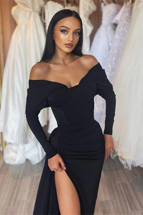 Glamorous Black Off-the-Shoulder Prom Dresses with Long Sleeves and Slit-BallBride