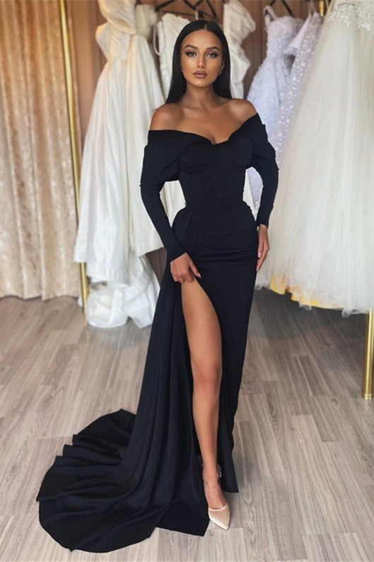 Glamorous Black Off-the-Shoulder Prom Dresses with Long Sleeves and Slit-BallBride