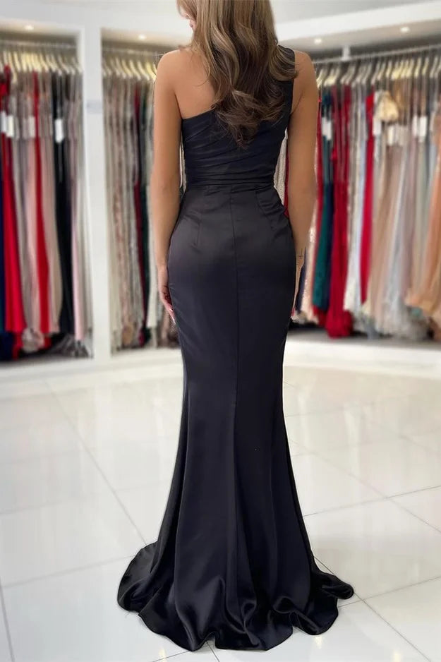 Glamorous Black One Shoulder Mermaid Evening Dress Slit WIth Pleat-BallBride