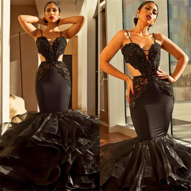 Glamorous Black Spaghetti-Straps Mermaid Prom Dress With Lace Appliques and Ruffles-BallBride