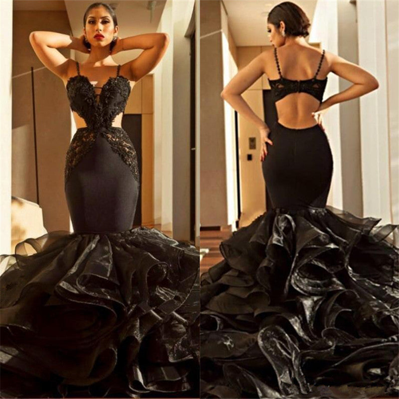 Glamorous Black Spaghetti-Straps Mermaid Prom Dress With Lace Appliques and Ruffles-BallBride