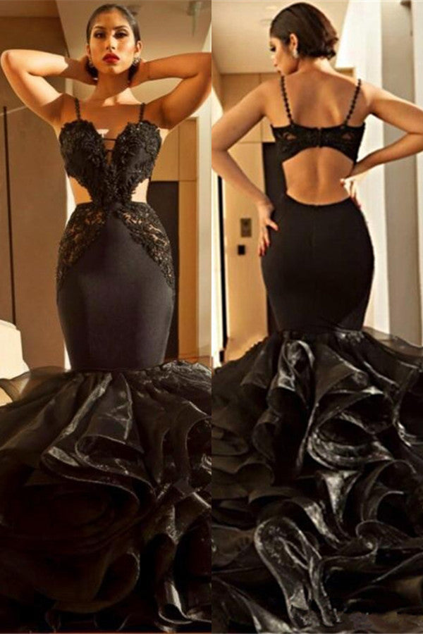 Glamorous Black Spaghetti-Straps Mermaid Prom Dress With Lace Appliques and Ruffles-BallBride