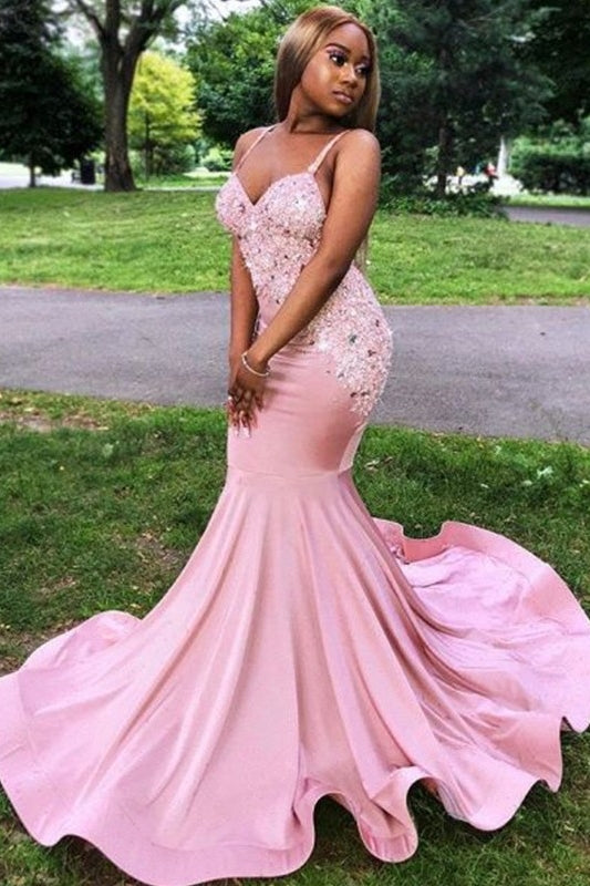 Glamorous Blushing Pink Straps Appliques Sequins Mermaid Prom Dresses-BallBride