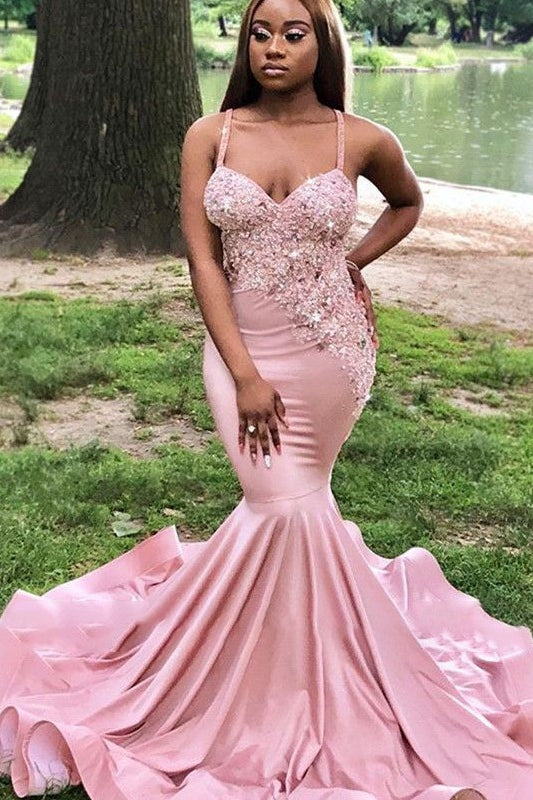 Glamorous Blushing Pink Straps Appliques Sequins Mermaid Prom Dresses-BallBride