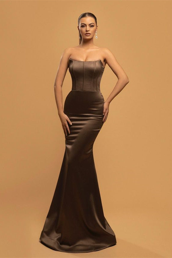 Glamorous Brown Strapless Sleeveless Mermaid Prom Dresses On Sale-BallBride