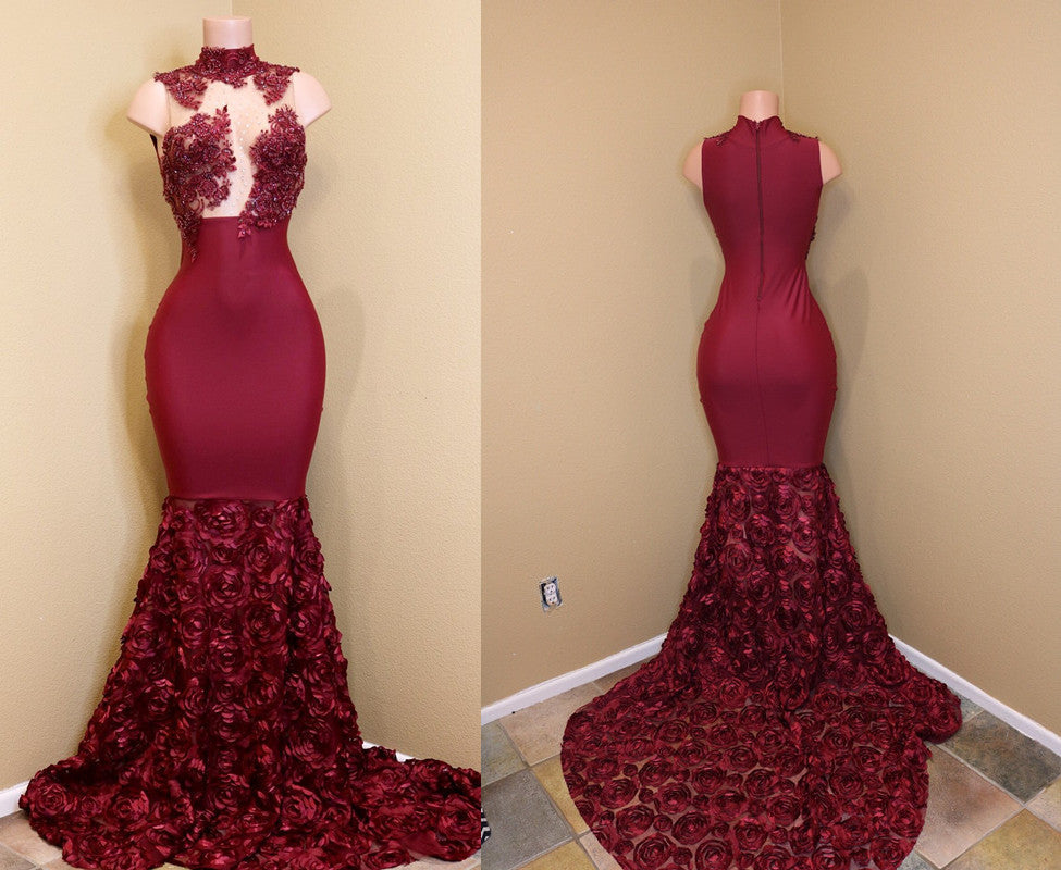 Glamorous Burgundy Mermaid High Neck Flowers Party Dress-BallBride