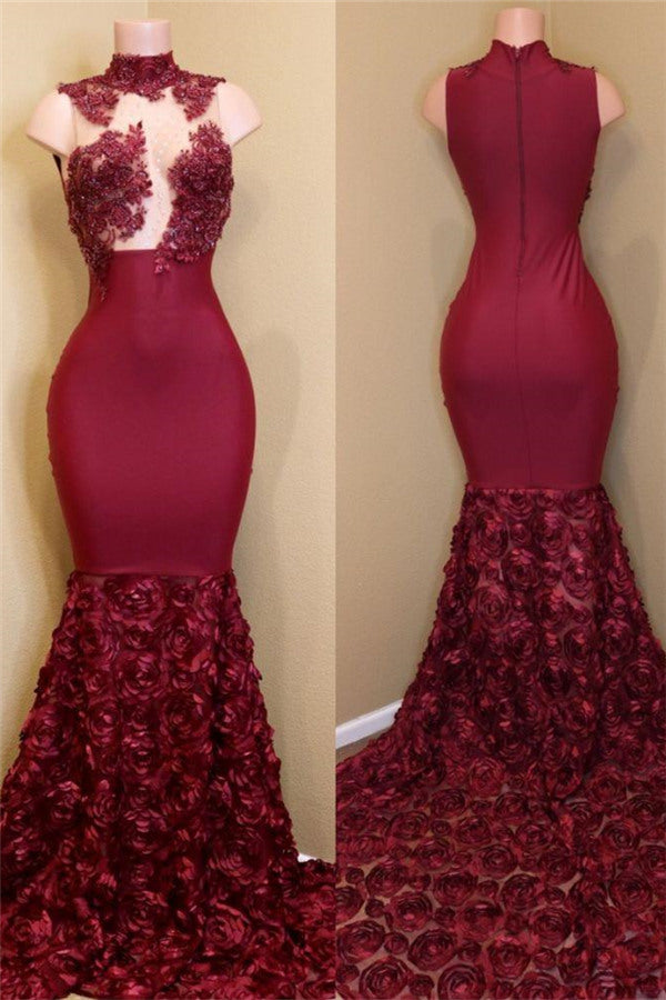 Glamorous Burgundy Mermaid High Neck Flowers Party Dress-BallBride