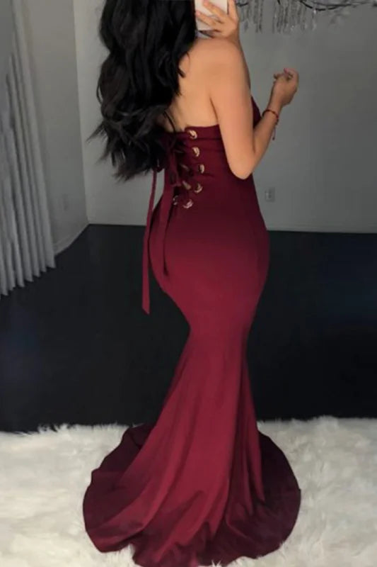 Glamorous Burgundy Strapless Mermaid Prom Dress Long Evening Gowns Lace-up-BallBride