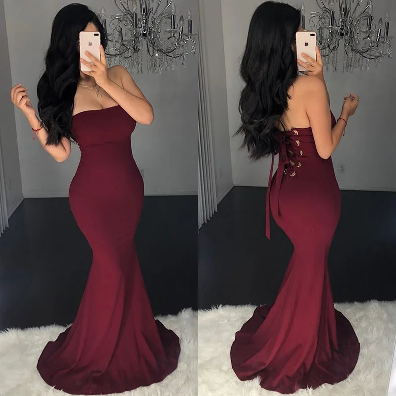Glamorous Burgundy Strapless Mermaid Prom Dress Long Evening Gowns Lace-up-BallBride
