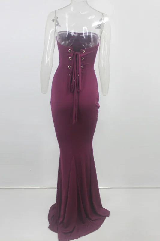 Glamorous Burgundy Strapless Mermaid Prom Dress Long Evening Gowns Lace-up-BallBride