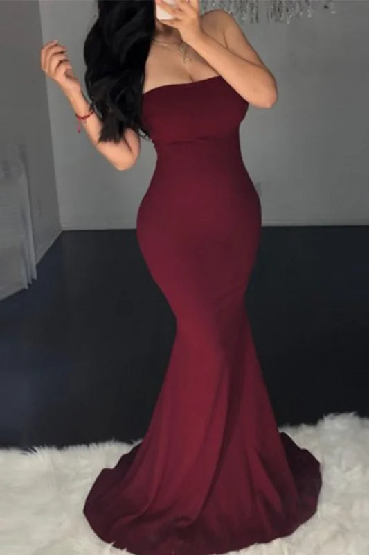 Glamorous Burgundy Strapless Mermaid Prom Dress Long Evening Gowns Lace-up-BallBride