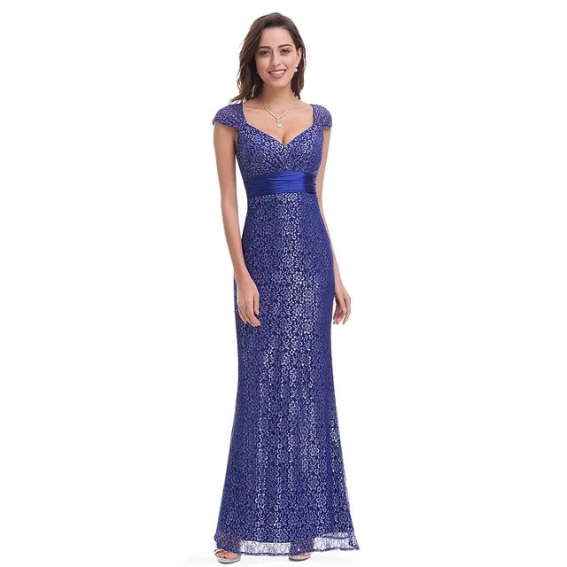 Glamorous Cap Sleeve Lace Mermaid Long Evening Gowns Online-BallBride