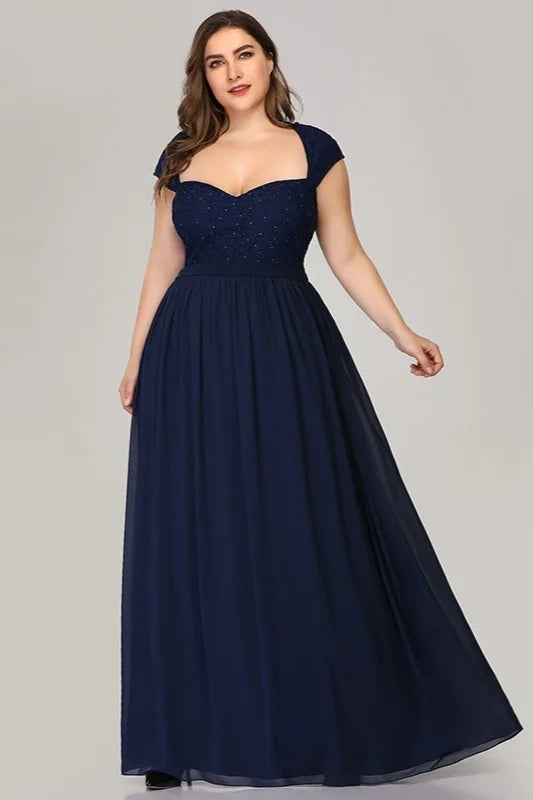 Glamorous Cap Sleeve Navy Evening Gowns Long Chiffon Lace Plus Size Prom Dress-BallBride