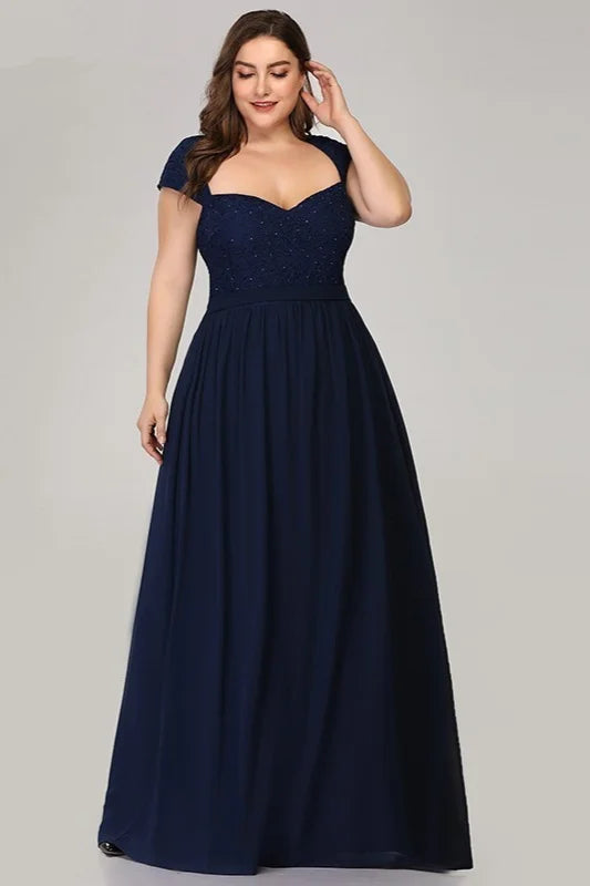 Glamorous Cap Sleeve Navy Evening Gowns Long Chiffon Lace Plus Size Prom Dress-BallBride