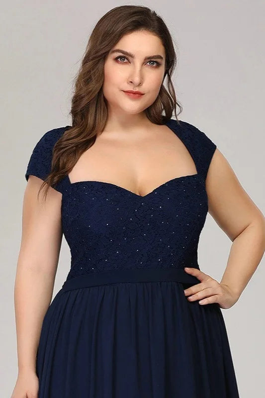 Glamorous Cap Sleeve Navy Evening Gowns Long Chiffon Lace Plus Size Prom Dress-BallBride