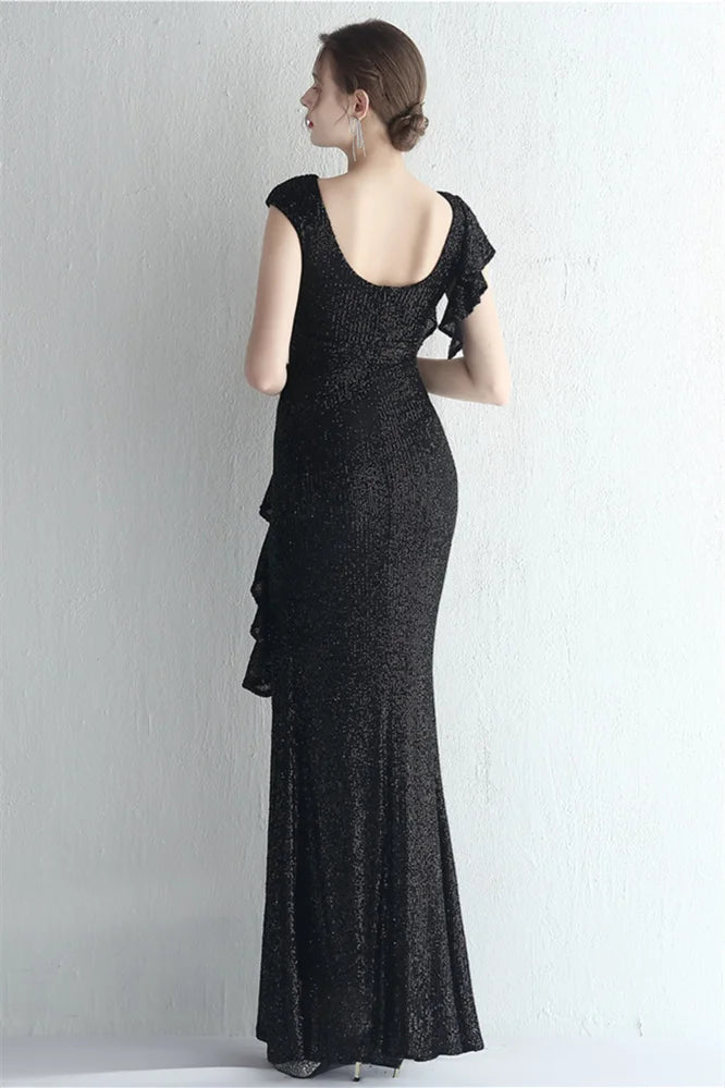 Glamorous Cap Sleeveless Mermaid Sequins Evening Gown Long With Split Ruffles-BallBride