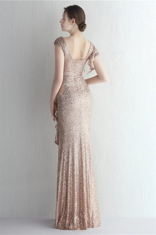 Glamorous Cap Sleeveless Mermaid Sequins Evening Gown Long With Split Ruffles-BallBride