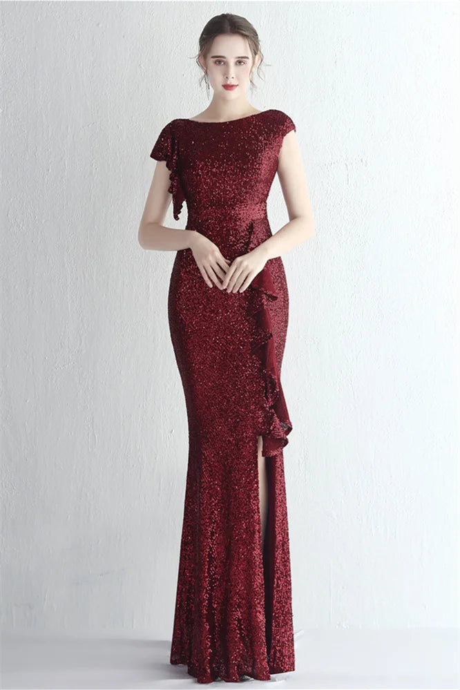 Glamorous Cap Sleeveless Mermaid Sequins Evening Gown Long With Split Ruffles-BallBride