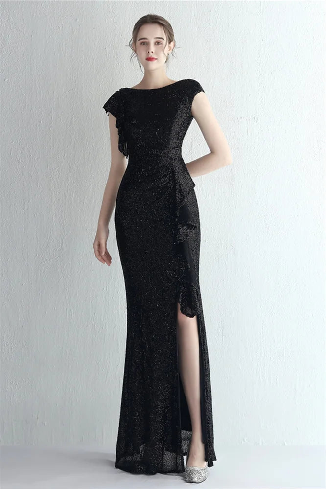 Glamorous Cap Sleeveless Mermaid Sequins Evening Gown Long With Split Ruffles-BallBride
