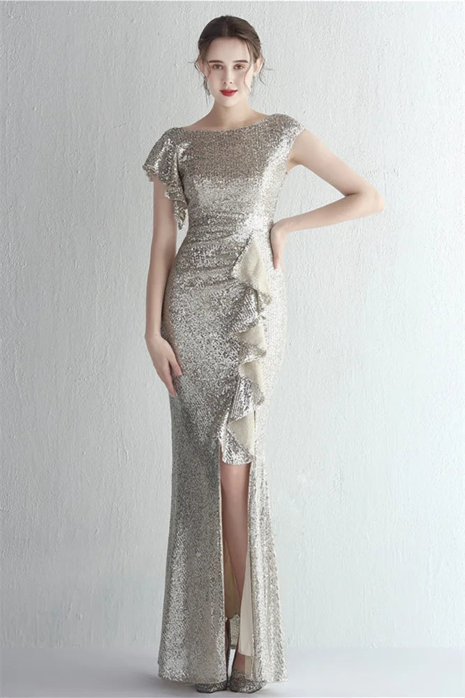 Glamorous Cap Sleeveless Mermaid Sequins Evening Gown Long With Split Ruffles-BallBride