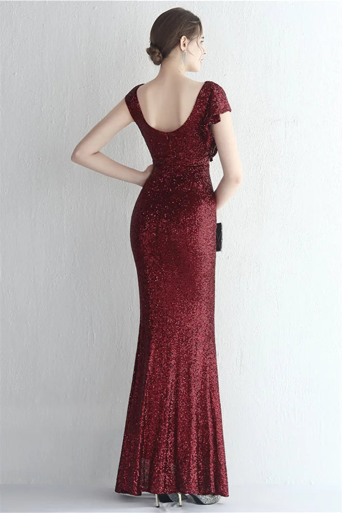 Glamorous Cap Sleeveless Mermaid Sequins Evening Gown Long With Split Ruffles-BallBride