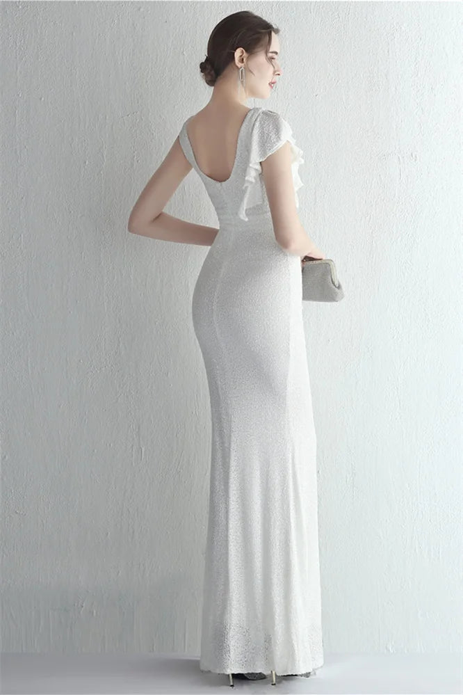 Glamorous Cap Sleeveless Mermaid Sequins Evening Gown Long With Split Ruffles-BallBride