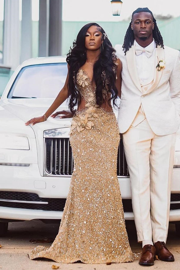 Glamorous Champagne Crystal Appliques Sleeveless Prom Dress-BallBride