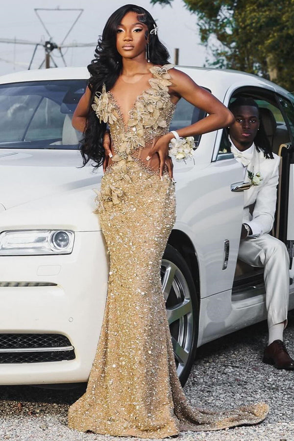 Glamorous Champagne Crystal Appliques Sleeveless Prom Dress-BallBride