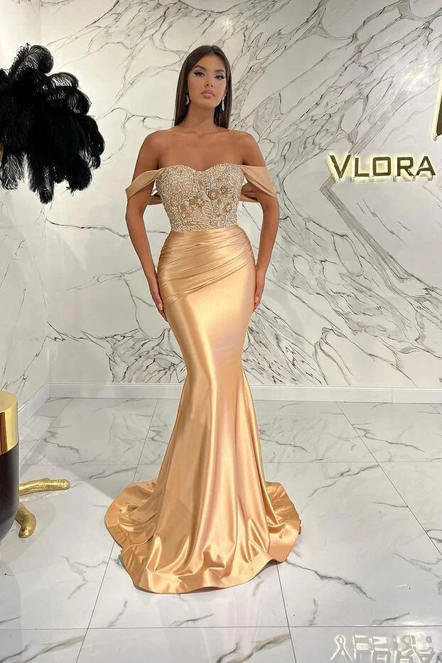 Glamorous Champagne Off-the-Shoulder Mermaid Evening Dress Long With Beadings-BallBride