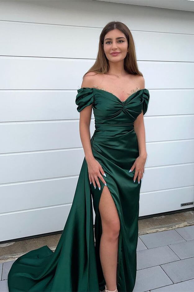 Glamorous Dark Green Off-the-Shoulder Evening Dress with Ruffles and Mermaid Split-BallBride