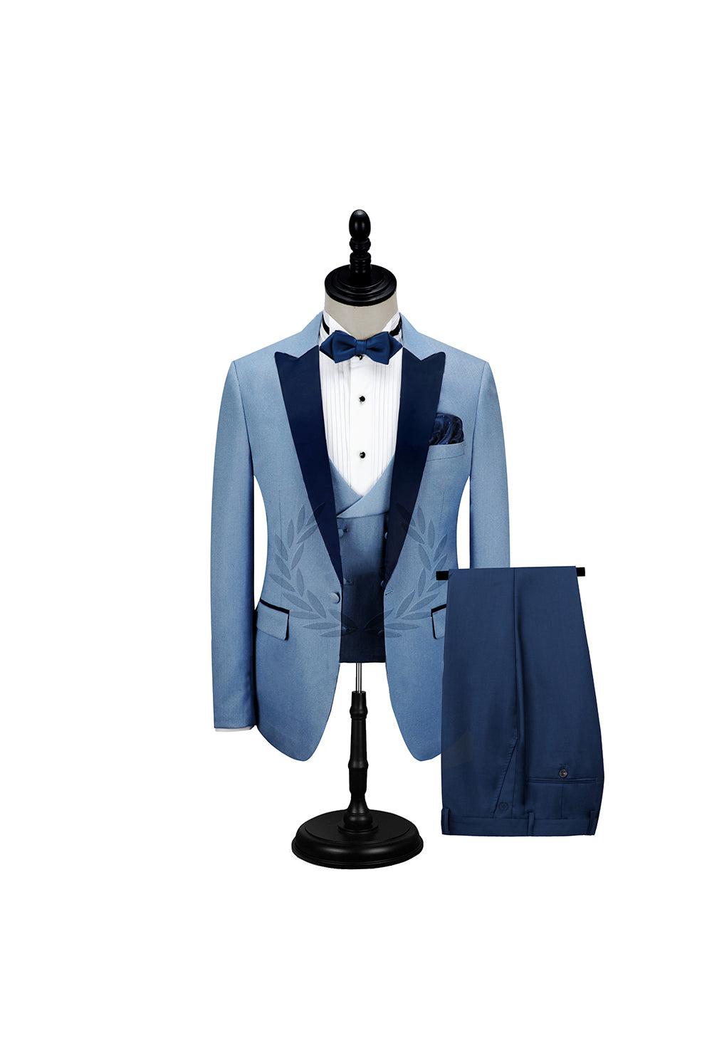 Glamorous Dark Navy Blue Peaked Lapel Solid Wedding Tuxedo-BallBride