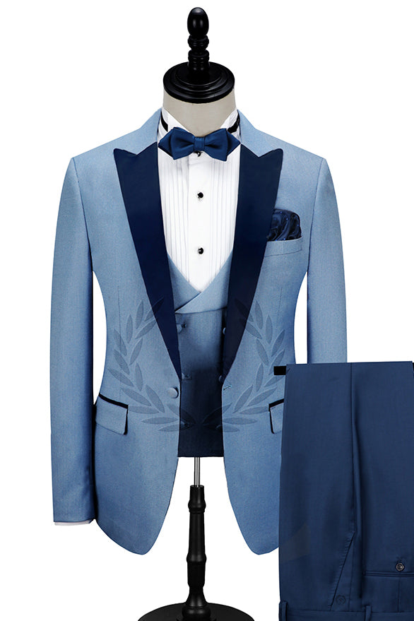 Glamorous Dark Navy Blue Peaked Lapel Solid Wedding Tuxedo-BallBride