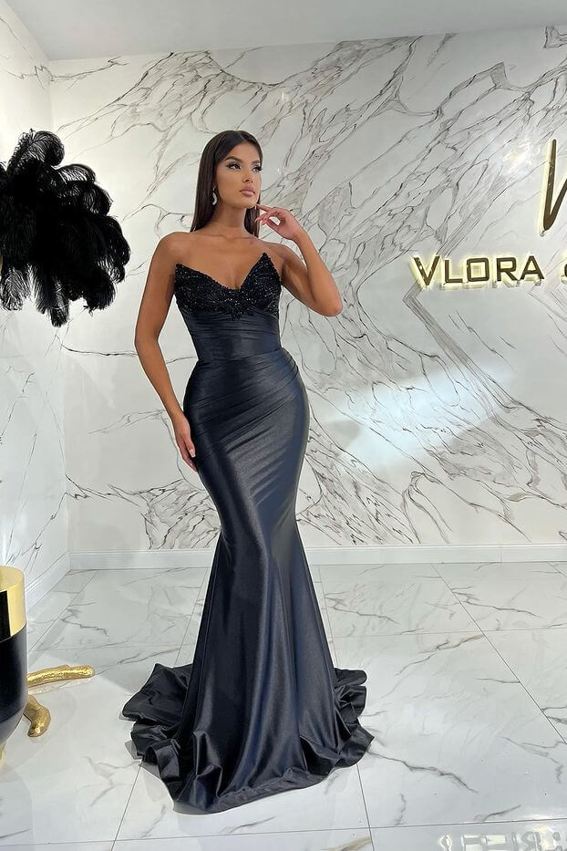 Glamorous Dark Navy V-Neck Evening Dress with Beads and Mermaid Pleats-BallBride