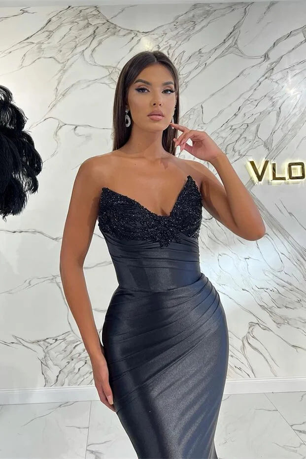 Glamorous Dark Navy V-Neck Sleeveless Evening Dress Mermaid Pleated With Beads-BallBride