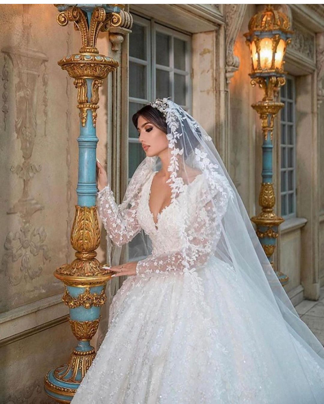 Glamorous Deep V-Neck Long Sleeve Train Wedding Dress with Lace Appliques-BallBride