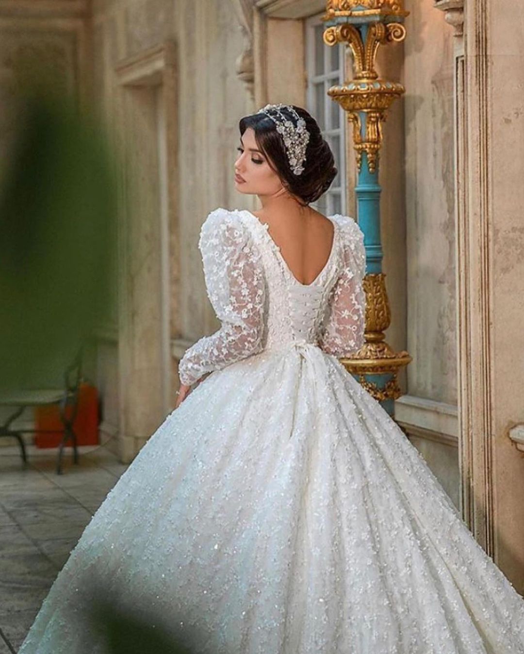 Glamorous Deep V-Neck Long Sleeve Train Wedding Dress with Lace Appliques-BallBride