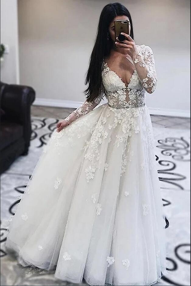 Glamorous Deep V-Neck Long Sleeve Wedding Dress with Lace Appliques-BallBride
