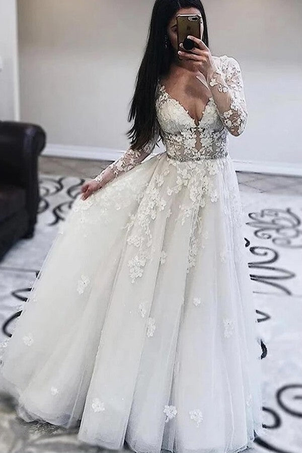 Glamorous Deep V-Neck Long Sleeve Wedding Dress with Lace Appliques-BallBride