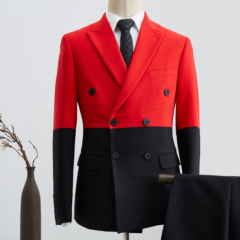 Glamorous Double Breasted Suit for Men with Black & Red Stitching & Peaked Lapel-BallBride