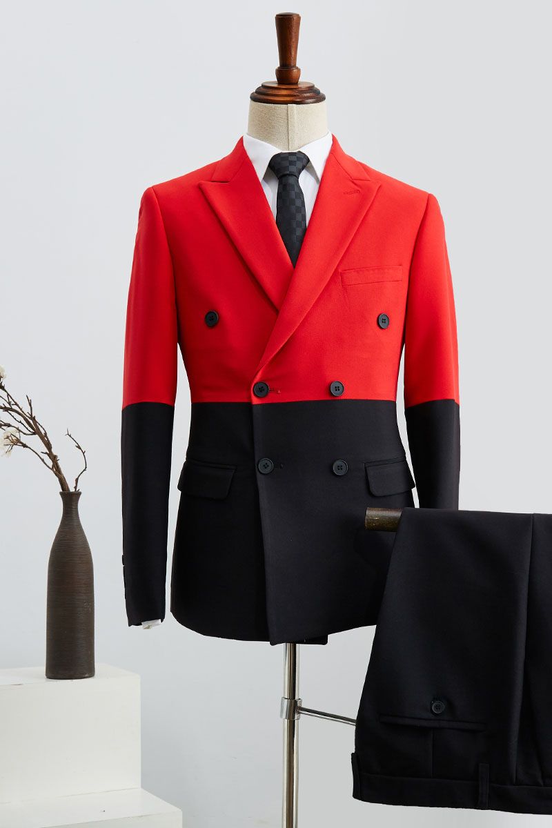 Glamorous Double Breasted Suit for Men with Black & Red Stitching & Peaked Lapel-BallBride