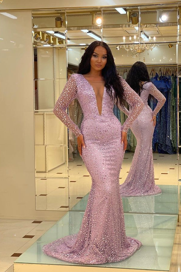 Glamorous Evening Dress with Crystal - Classic Long Sleeves Deep V-Neck Mermaid-BallBride