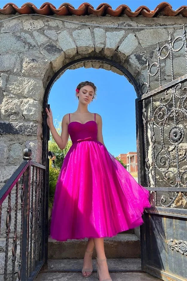 Glamorous Fuchsia Spaghetti-Straps Tulle Short Evening Dress Tea-Length-BallBride
