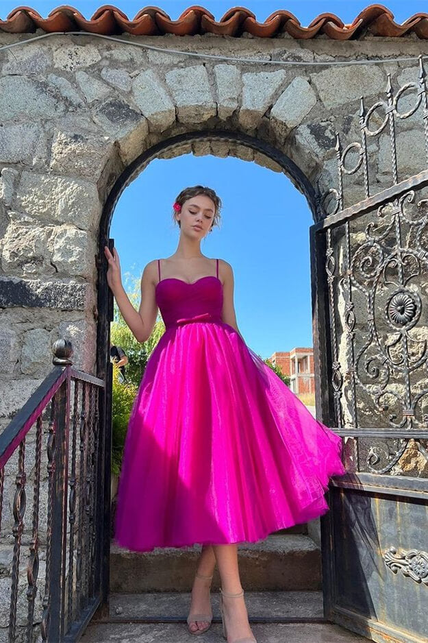 Glamorous Fuchsia Tea-Length Evening Dress with Spaghetti-Straps Tulle-BallBride