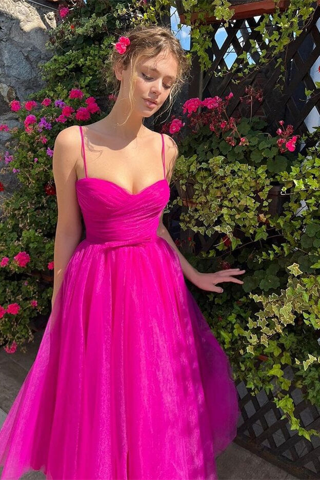 Glamorous Fuchsia Tea-Length Evening Dress with Spaghetti-Straps Tulle-BallBride