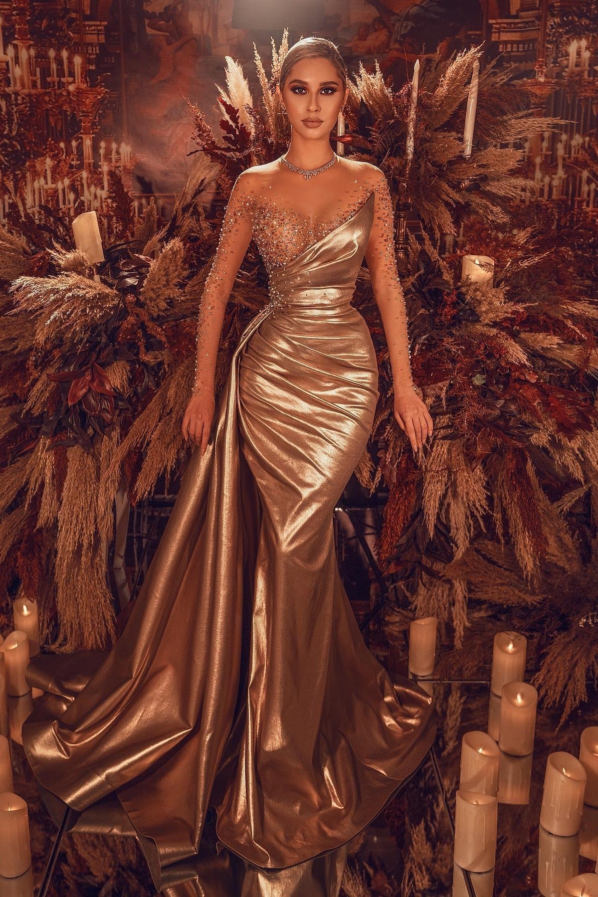 Glamorous Gold Long Lace Sleeves Evening Dress with Colorful Beads-BallBride