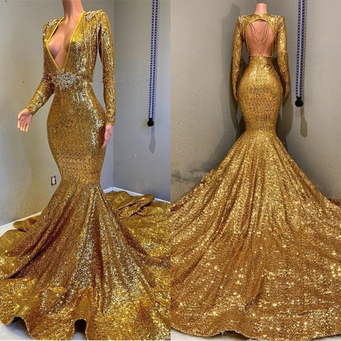 Glamorous Gold Mermaid Prom Dress with Long Sleeves and V-Neck Applique-BallBride