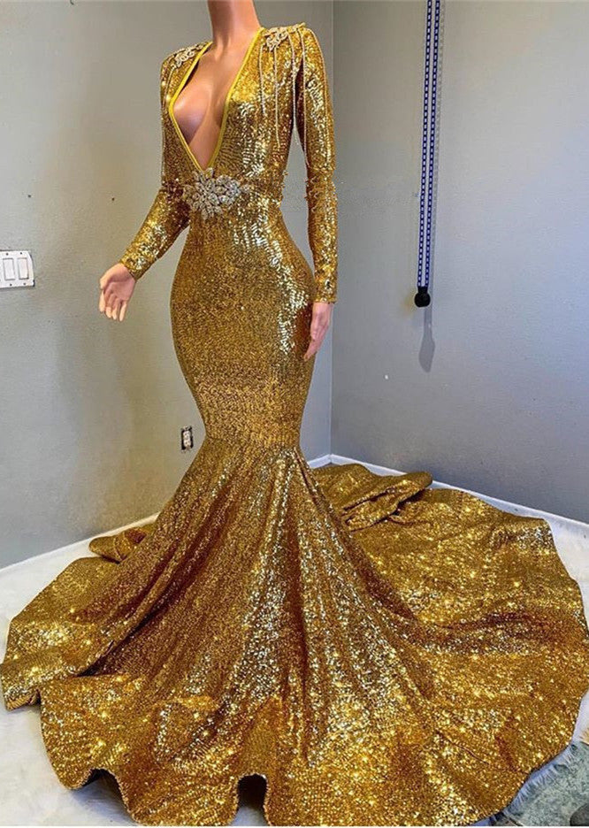Glamorous Gold Mermaid Prom Dress with Long Sleeves and V-Neck Applique-BallBride