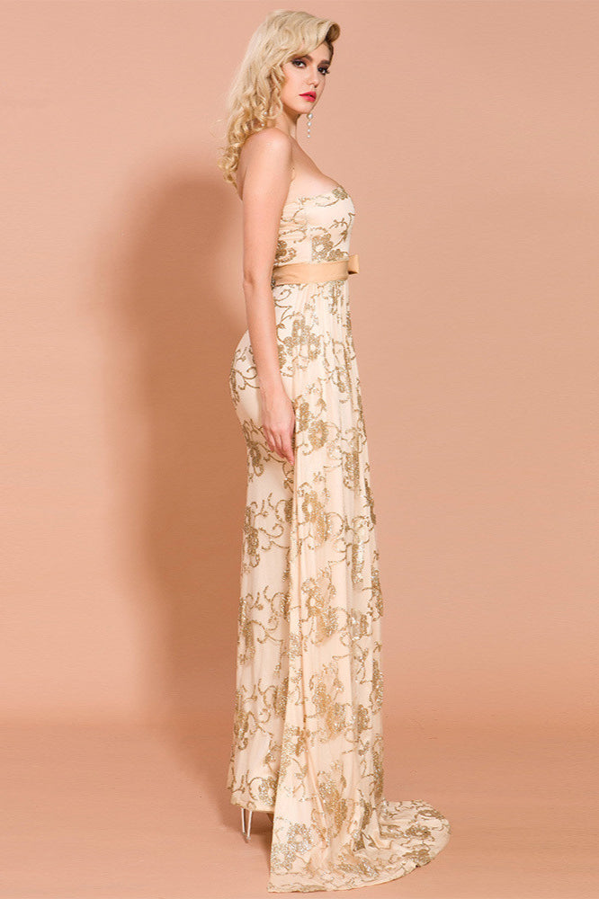 Glamorous Gold One Shoulder Long Sleeves Sequins Prom Dress Mermaid Long Evening Gowns-BallBride